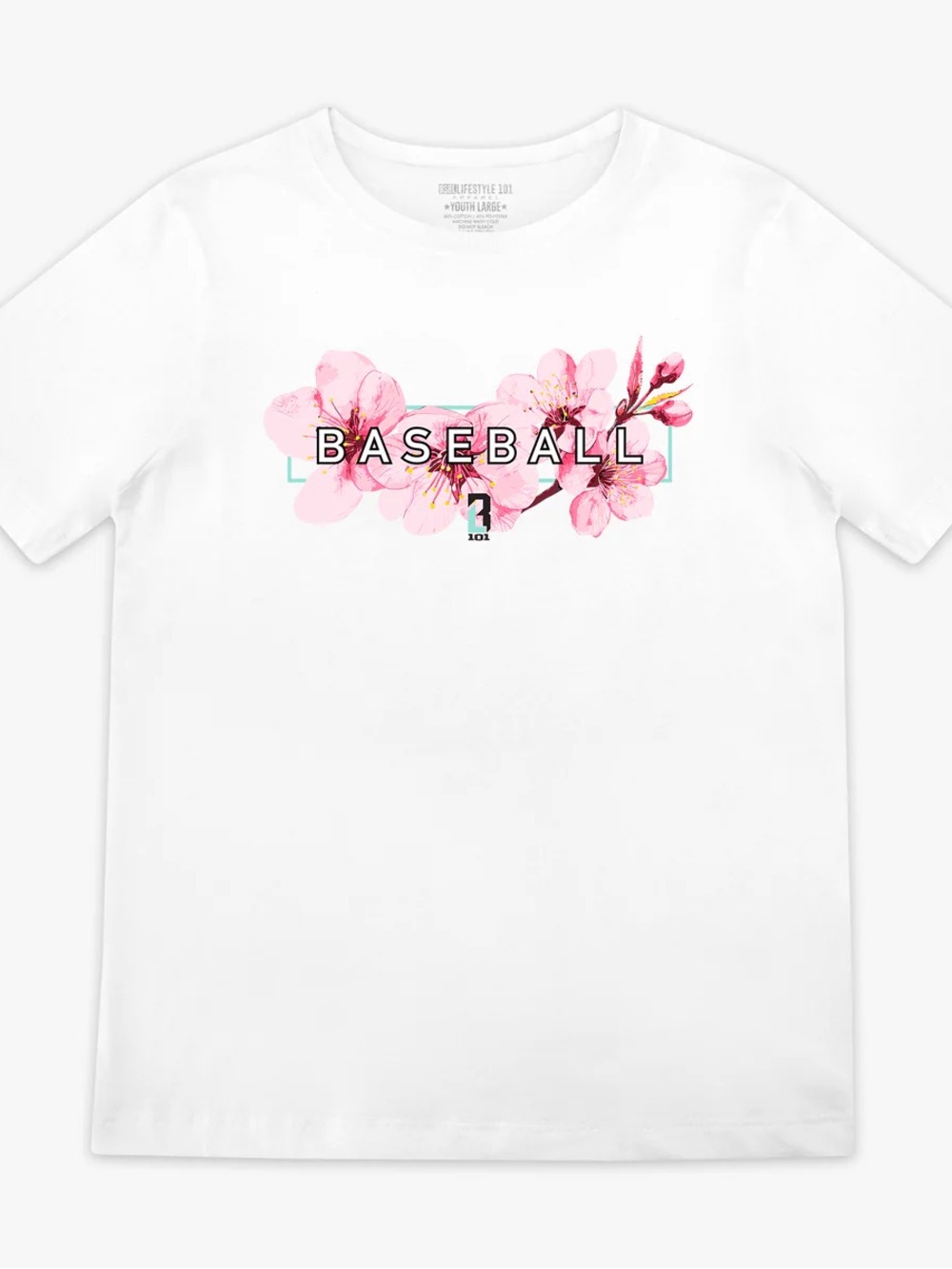 Youth White Tee with Pink Floral 'BASEBALL' Graphic